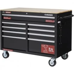 Husky 46 in. W x 24.5 in. D Standard Duty 9-Drawer Mobile Workbench Tool Chest with Solid Wood Top in Gloss Black -Tool Storage Online Shop gloss black with silver trim husky mobile workbenches h46mwc9v2 76 1000