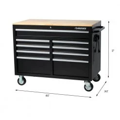 Husky 46 in. W x 24.5 in. D Standard Duty 9-Drawer Mobile Workbench Tool Chest with Solid Wood Top in Gloss Black -Tool Storage Online Shop gloss black with silver trim husky mobile workbenches h46mwc9v2 d4 1000