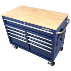 Husky 46 in. W x 24.5 in. D Standard Duty 9-Drawer Mobile Workbench Tool Chest with Solid Wood Top in Gloss Blue -Tool Storage Online Shop gloss blue with silver trim husky mobile workbenches h46mwc9gbv2 1d 1000