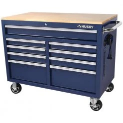 Husky 46 in. W x 24.5 in. D Standard Duty 9-Drawer Mobile Workbench Tool Chest with Solid Wood Top in Gloss Blue