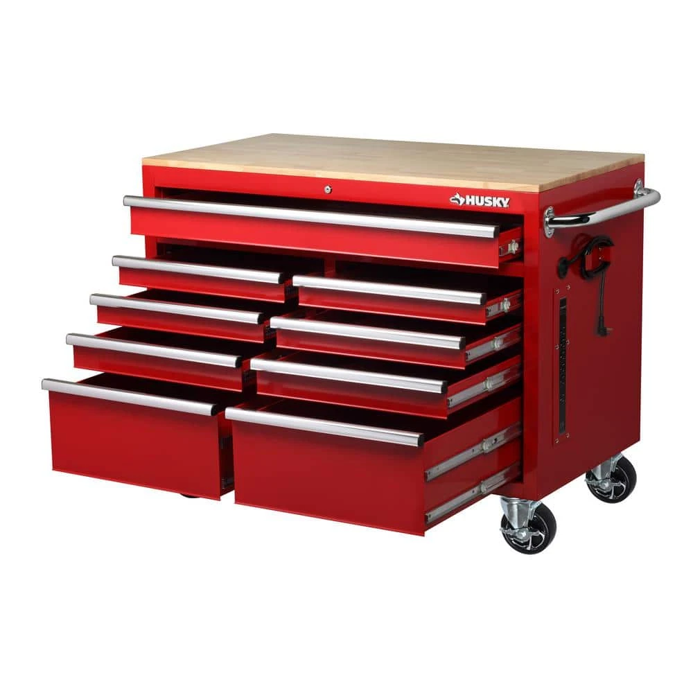Husky 46 in. W x 24.5 in. D 9-Drawer Gloss Red Deep Tool Chest Mobile Workbench with Hardwood Top 5 Husky 46 in. W x 24.5 in. D 9-Drawer Gloss Red Deep Tool Chest Mobile Workbench with Hardwood Top - Image 3