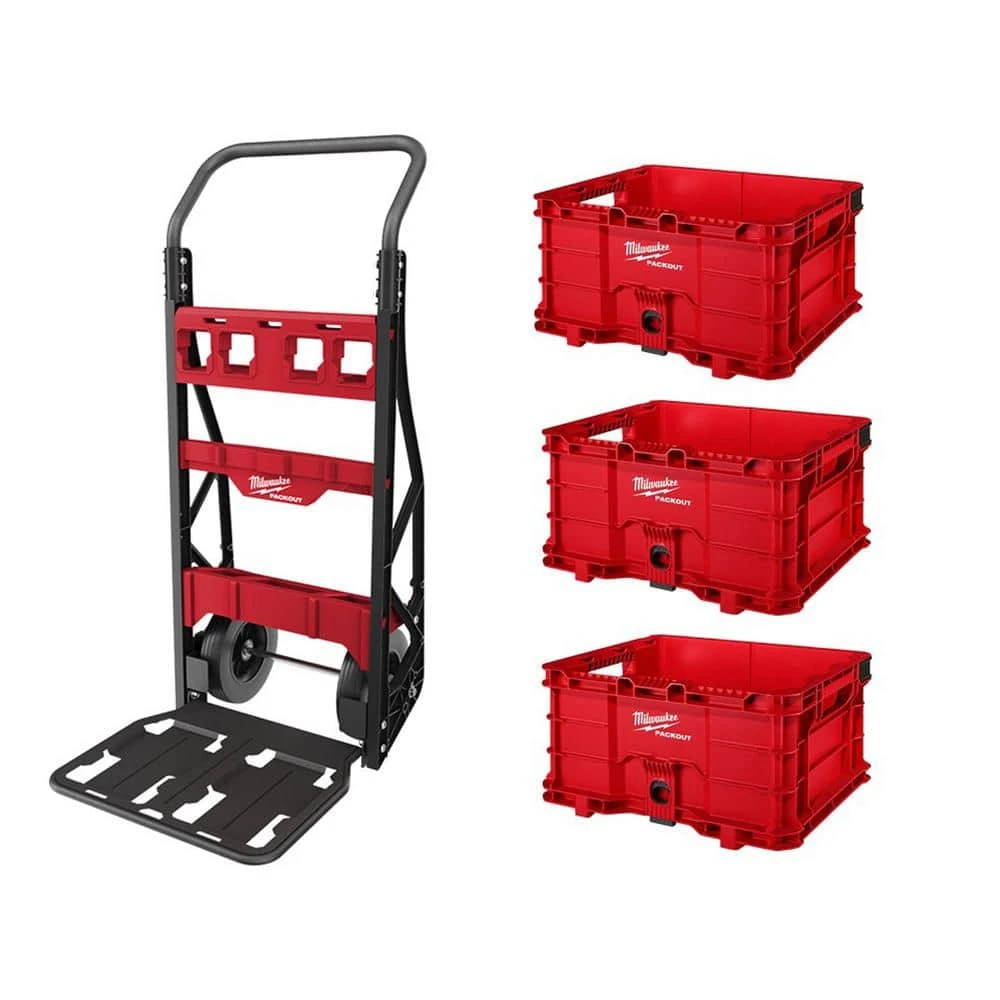 Milwaukee PACKOUT 20 in. 2-Wheel Utility Cart with (3) PACKOUT Tool Storage Crates 3 Milwaukee PACKOUT 20 in. 2-Wheel Utility Cart with (3) PACKOUT Tool Storage Crates