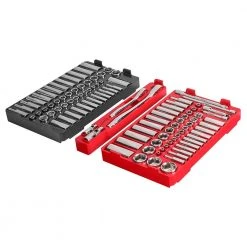 Milwaukee PACKOUT 20 in. 2-Wheel Folding Utility Cart w/3/8 in. and 1/4 in. SAE/Metric Mechanics Set (107-Piece) -Tool Storage Online Shop red black milwaukee modular tool storage systems 48 22 8415 48 22 9486 76 1000