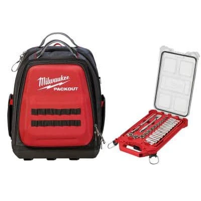 Milwaukee 15 in. PACKOUT Backpack and 3/8 in. Drive SAE Ratchet and Socket Mechanics Tool Set with PACKOUT Case (28-Piece) -Tool Storage Online Shop red milwaukee modular tool storage systems 48 22 8301 48 22 9481 64 1000