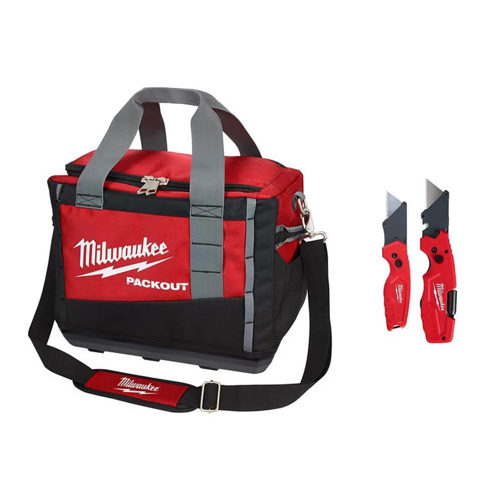 Milwaukee 15 in. PACKOUT Tool Bag with FASTBACK 6-In-1 Folding Utility Knife and FASTBACK Compact Folding Utility Knife Set 3 Milwaukee 15 in. PACKOUT Tool Bag with FASTBACK 6-In-1 Folding Utility Knife and FASTBACK Compact Folding Utility Knife Set