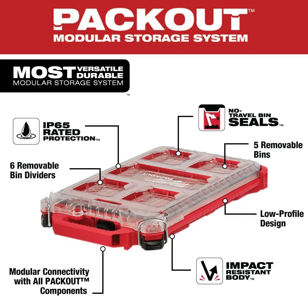 Milwaukee PACKOUT 5-Compartment Low-Profile Compact Small Parts Organizer 4 Milwaukee PACKOUT 5-Compartment Low-Profile Compact Small Parts Organizer - Image 2