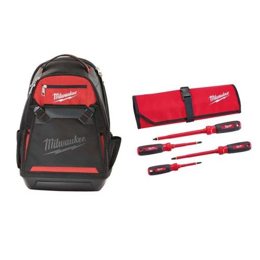 Milwaukee 10 in. Jobsite Backpack with 1000-Volt Insulated Screwdriver Set and Pouch (4-Piece) -Tool Storage Online Shop red milwaukee tool bags 48 22 8200 48 22 2204 64 1000