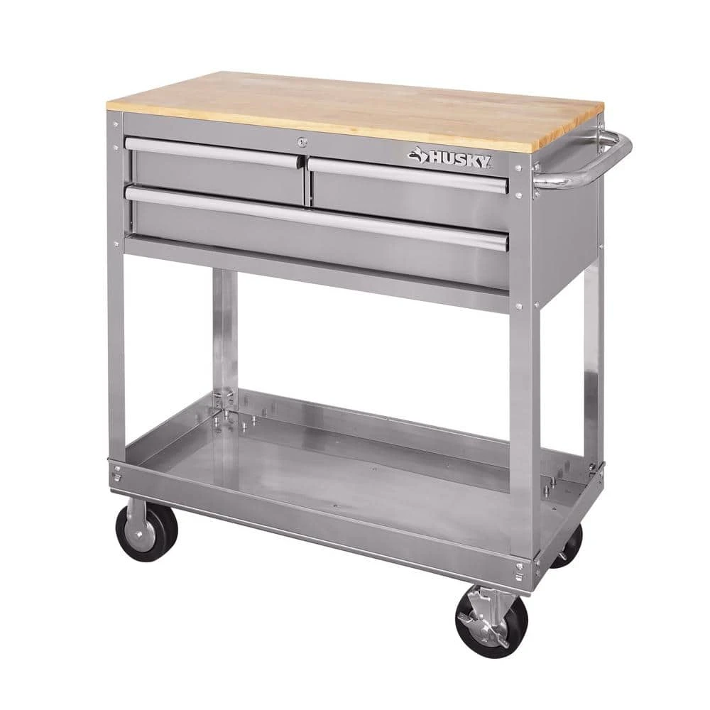 Husky 36 in. 3-Drawer with Solid Wood Top, Stainless Steel Utility Cart 3 Husky 36 in. 3-Drawer with Solid Wood Top, Stainless Steel Utility Cart