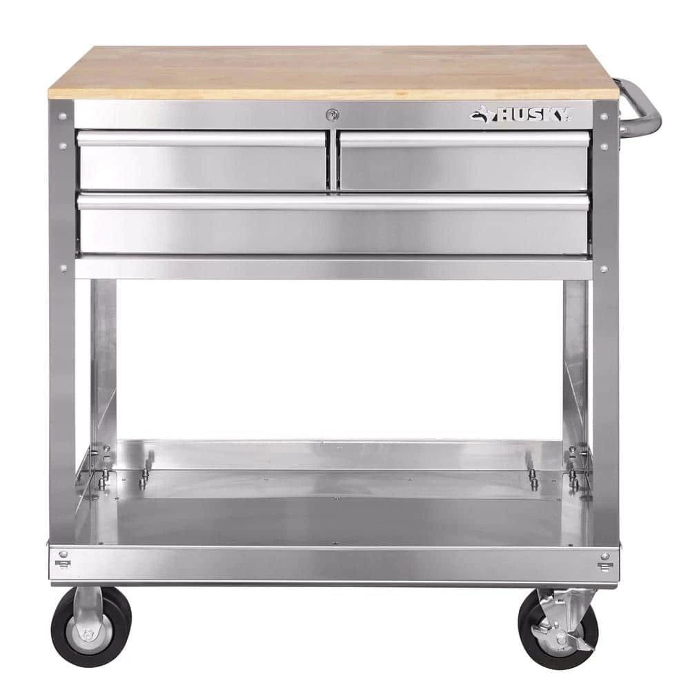 Husky 36 in. 3-Drawer with Solid Wood Top, Stainless Steel Utility Cart 7 Husky 36 in. 3-Drawer with Solid Wood Top, Stainless Steel Utility Cart - Image 5