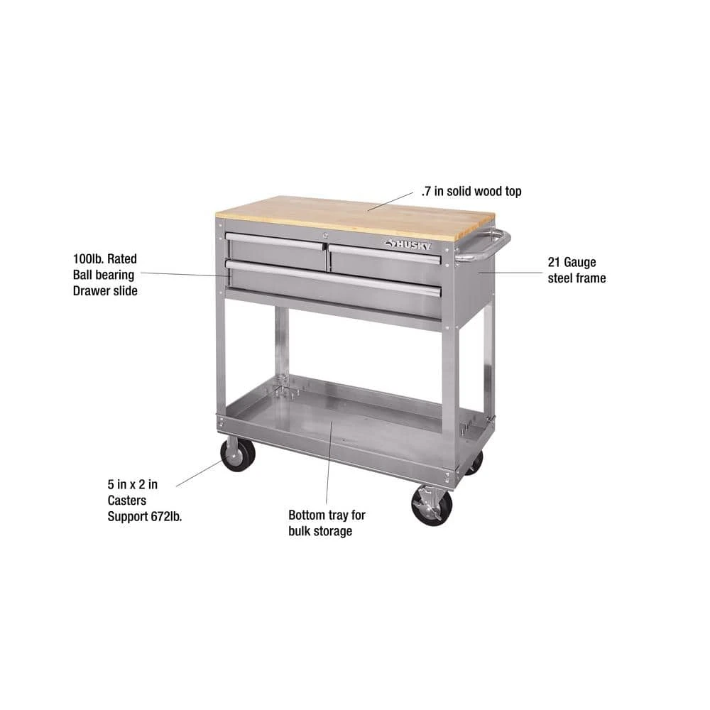 Husky 36 in. 3-Drawer with Solid Wood Top, Stainless Steel Utility Cart 4 Husky 36 in. 3-Drawer with Solid Wood Top, Stainless Steel Utility Cart - Image 2
